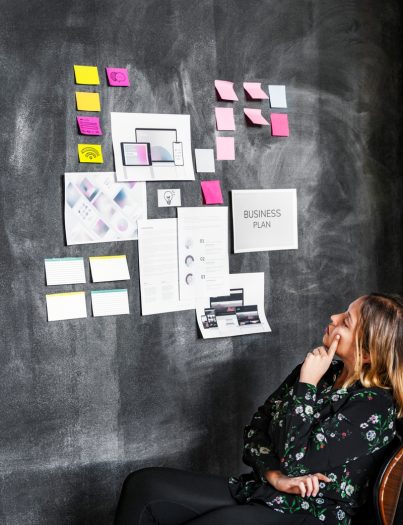 Leader in a startup company brainstorming using a blackboard